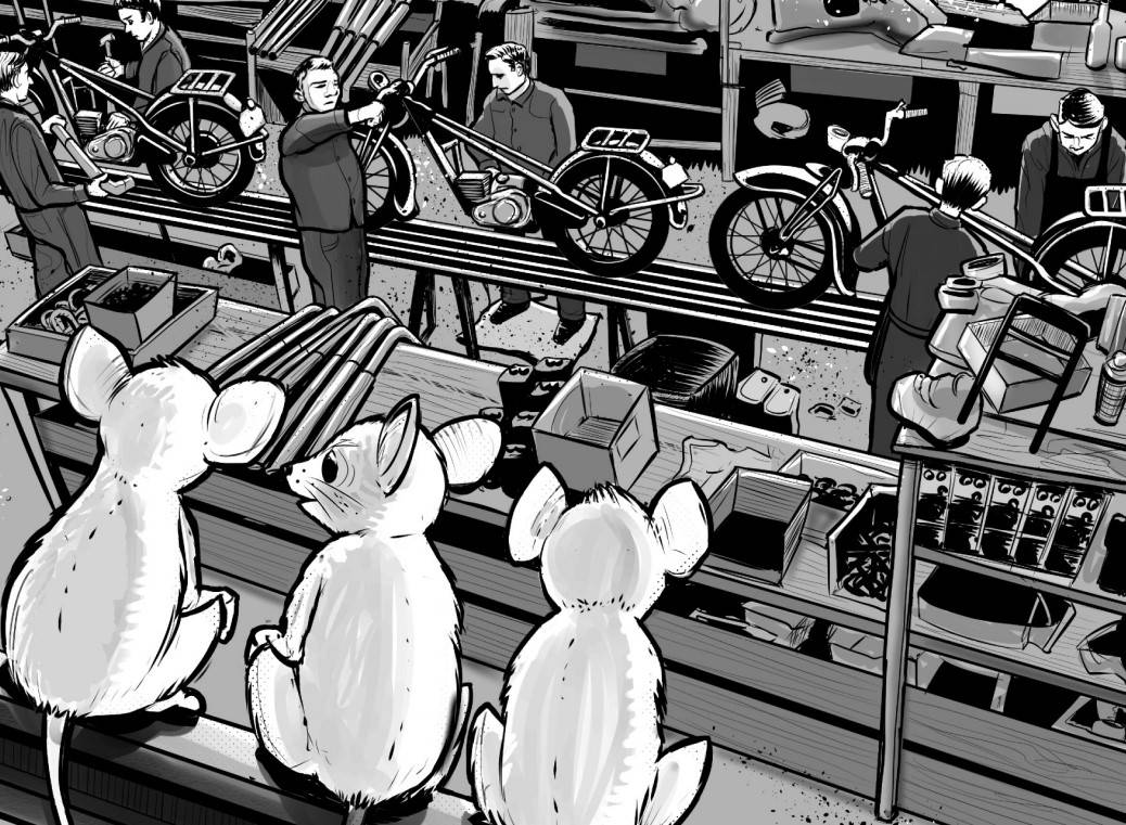 Mice in the rafters watching humans make motorcycles.