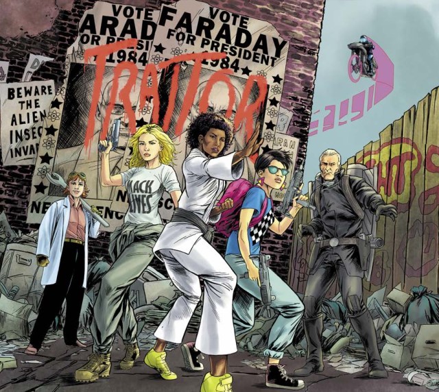 A group of new, younger heroes, stand with an older, jetpack wearing hero, their backs against a wall, facing something we don't yet see. There is a flying motorcycle in the air behind them.