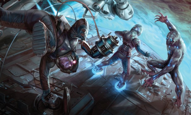 The crew runs into trouble on the hull of the ship as they fight a glowing, mutated creature.
