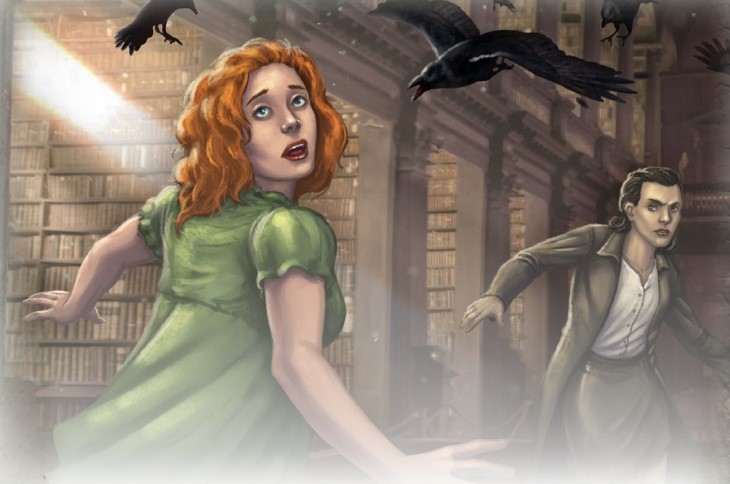 Two women find a library, filled with books and ravens.
