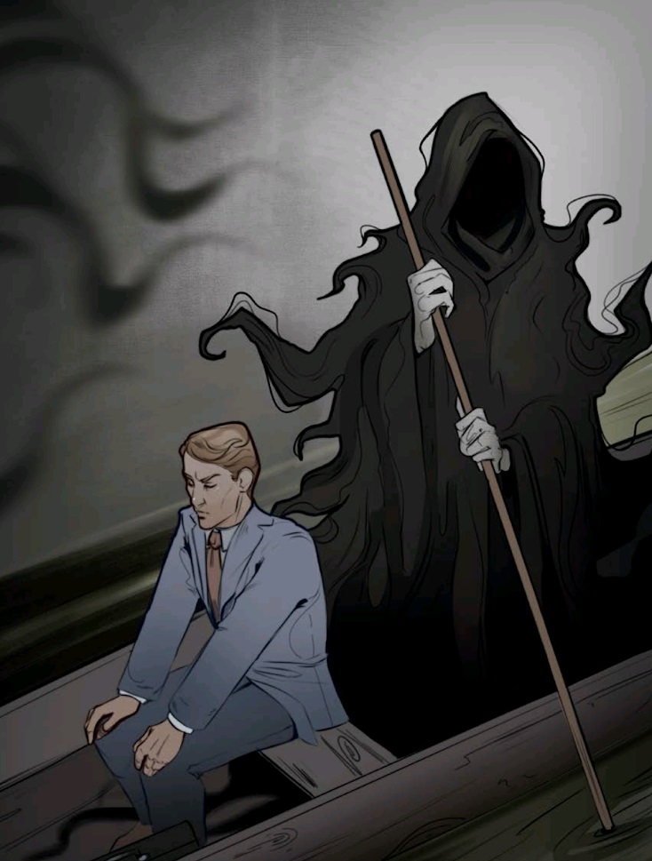 A man in a suit sits in a boat being rowed by an obscured figure in black robes.