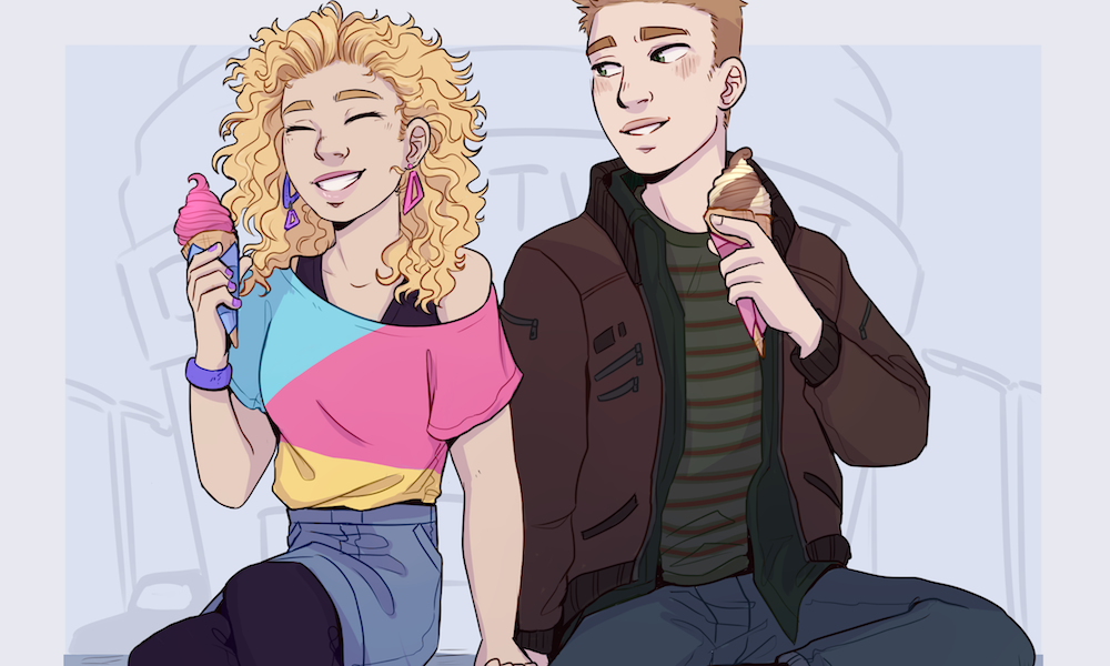 80s boy and girl sit next to each other eating ice cream. She is smiling and he is looking at her and blushing.