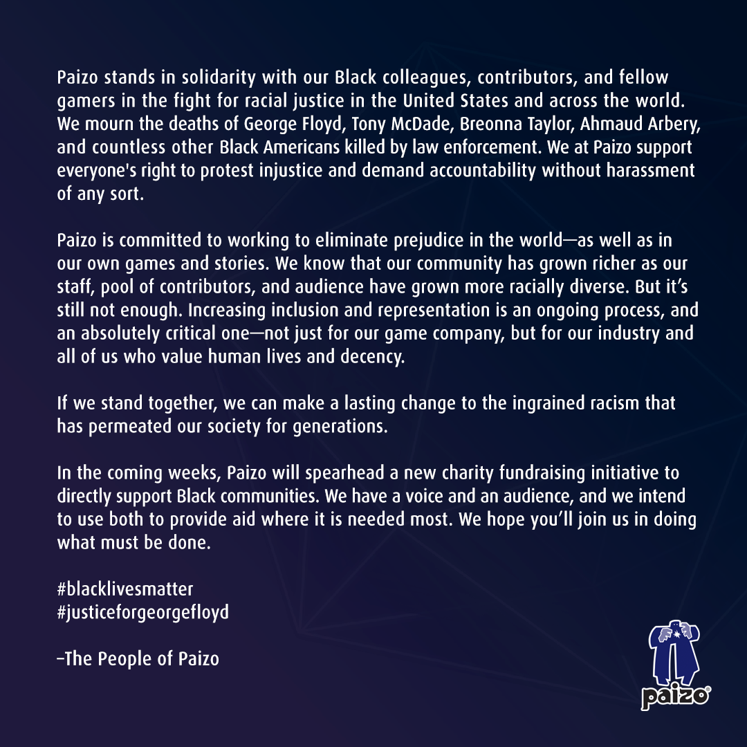 Paizo's statement supporting black lives matter