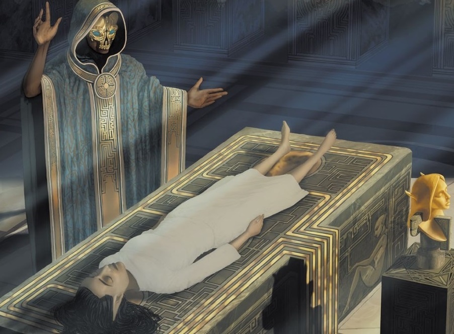 A masked elf prepares the body of a deceased elf for the next phase.