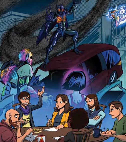 A game master describing a supervillain fighting two heroes to five players around the table.