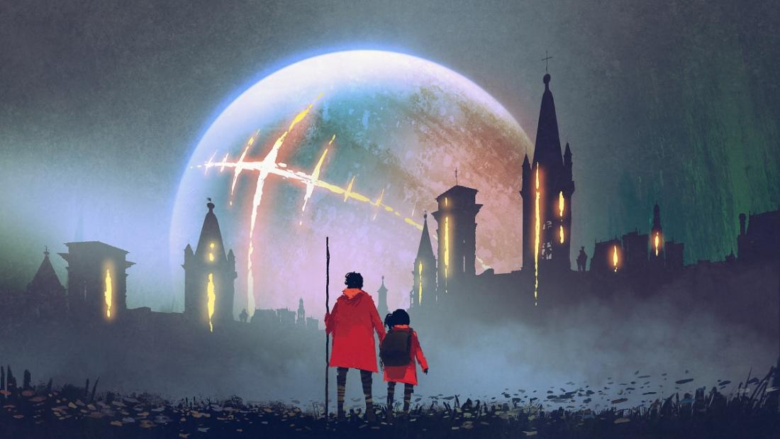 Two people stare at a scarred moon over a gothic background