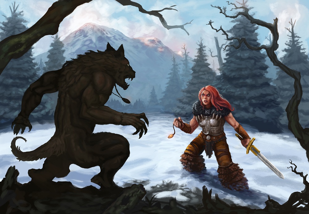 werewolf-and-warrior-in-a-snow-covered-mountain-landscape-ready-to-fight-digital-fantasy-painting-2