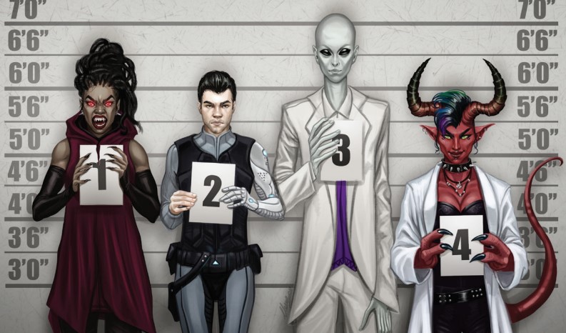 A gorgon, a cyborg, an alien, and a demon standing in a police lineup.