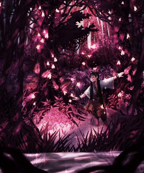 A child walks through a jungle framed with purple light and drifting motes. 