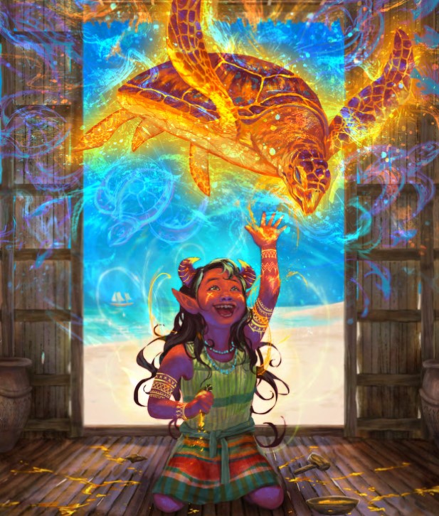 A red skinned child with horns reaches up to touch a glowing turtle spirit hovering above.