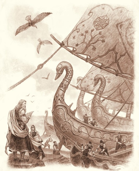 Cirdan the Shipwright overseeing various elves as they prepare the swan ships to sail into the West.