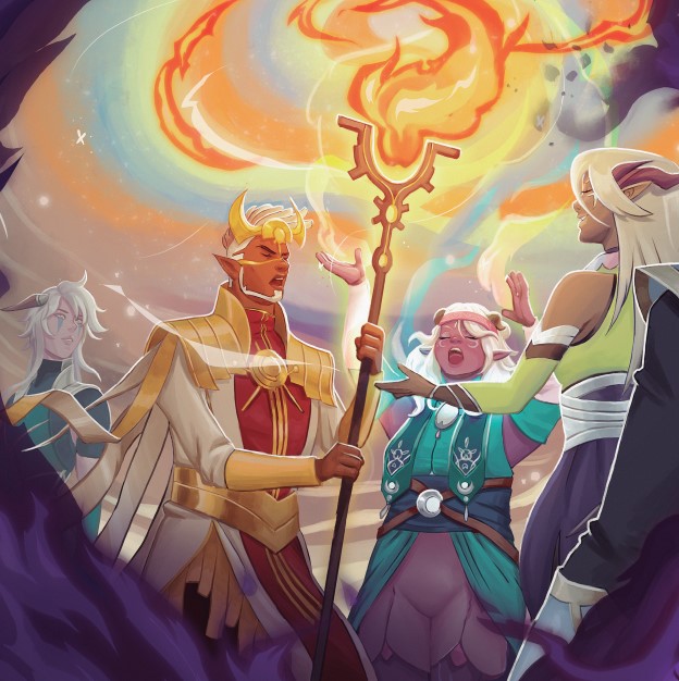Three moonshadow elves and a sunfire elf stand around a staff producing flames. Three of the four elves appear to be chanting in unison.