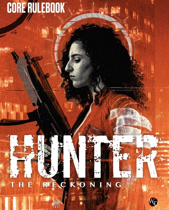 A Hunter, in profile, against an orange lit city backdrop, holding a sub-machine gun.