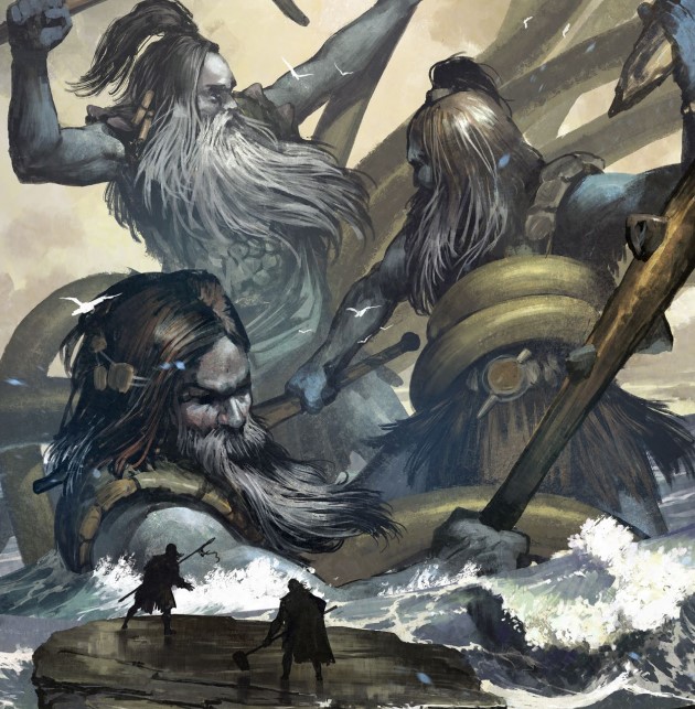 Two small humans on a raft watch as three giants battle enormous tentacles coming out of the water.
