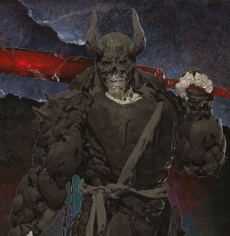 A massive, rotting humanoid figure wearning a horned helm and armor, holding a huge metal bar of a sword.