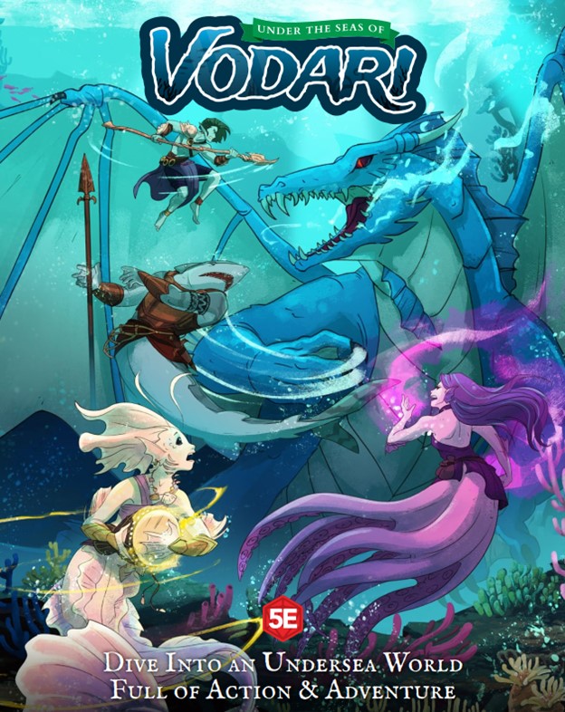 A green humanoid, a pink and purple half octopus humanoid, a merfolk, and a shark person square off against a large blue sea dragon.