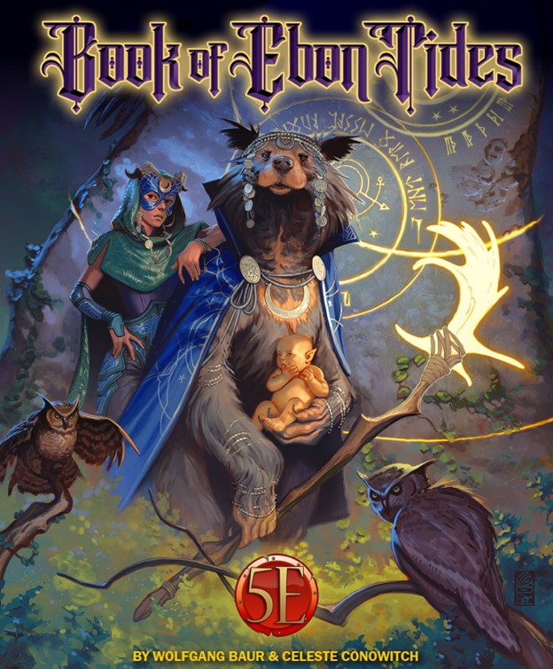 A humanoid bear and a horned elf, surrounded by owls, carry a changeling baby into the plane of Shadows.