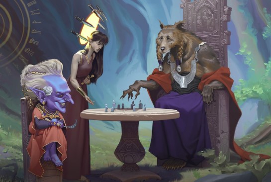 Three gods, one of the Shadow Goblins, one of the Elves, and one of the Bearfolk, sit around a table playing a game.