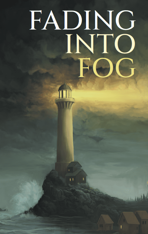 Arte de portada de la aventura Fading into Fog, que muestra un faro que envía un rayo de luz hacia el horizonte, encima de una costa rocosa.