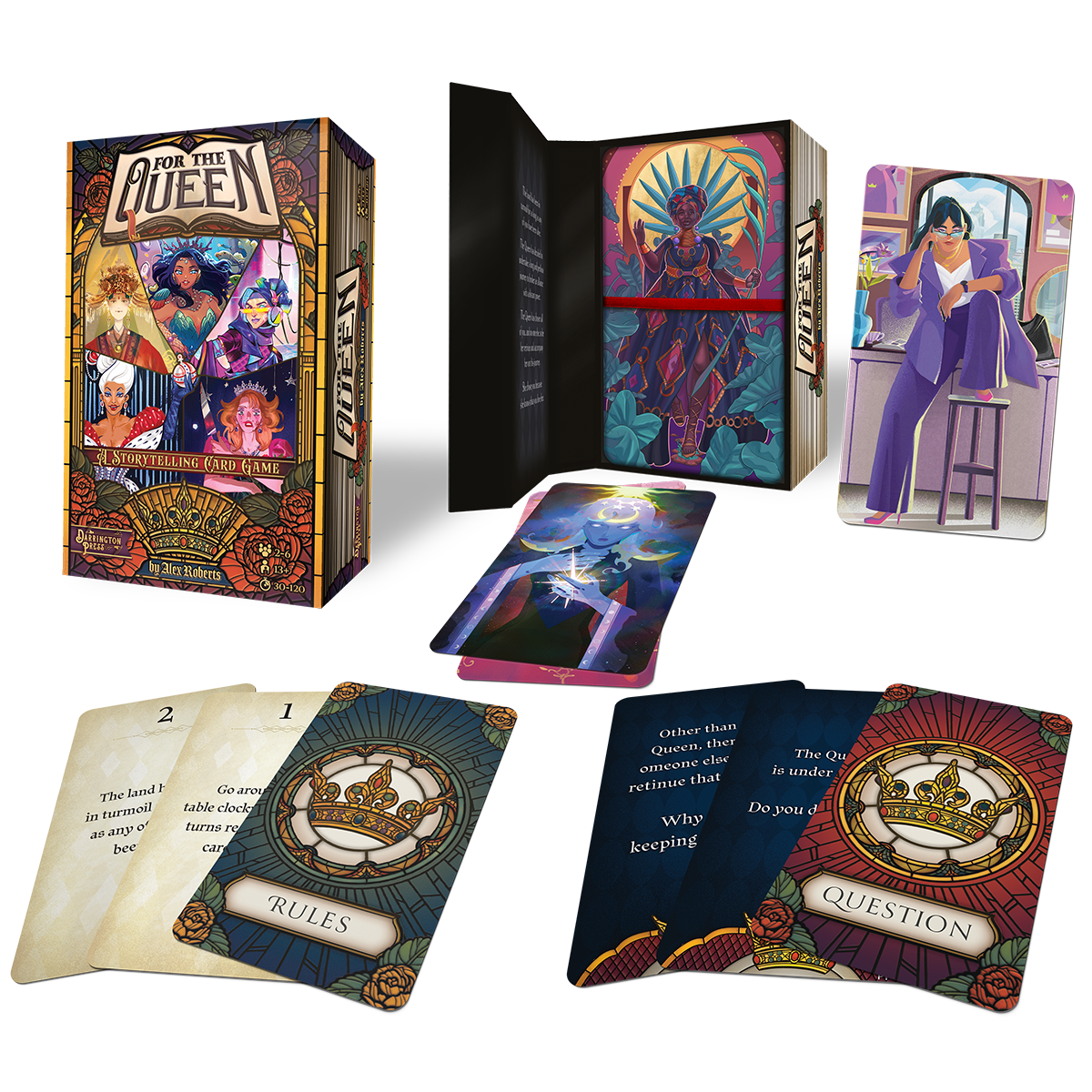 A colorful close box that says "For the Queen," which has five femme presenting characters arranged on the cover. There is also an image of the box open, with the cards inside. There are examples of what the Rules and Questions cards look like, and there are two queen cards, one showing a woman wearing a purple business suit, and another showing a celestial queen with a glowing crown.