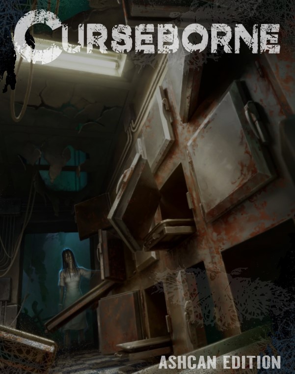 The cover of Curseborne: Ashcan Edition, which shows a woman in a white dress in a doorway about to enter what looks like an old morgue, with a dim flourecent bulb overhead, and several of the doors ripped off the drawer.