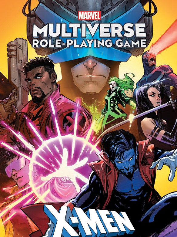 The cover to Marvel Multiverse Role-Playing Game X-Men Expansion, with Professor X in the back, with Bishop, Polaris, and Cyclops right below him, then Jubilee, Nightcrawler, and Psylocke in front of them.