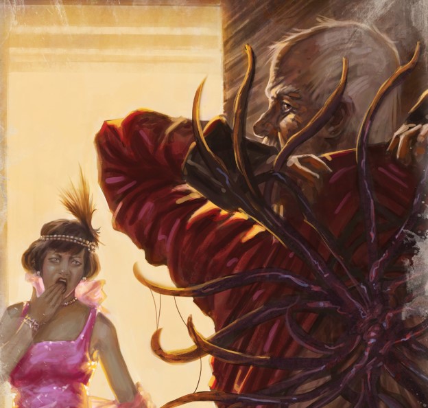 A man reaches behind him, trying to reach a tentacled thing attached to his back, as a woman looks at him in horror.