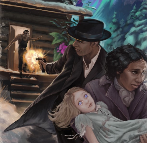 Two agents, one carrying a young child with glowing eyes, run away from a cabin surrounded by snow and overgrown with huge plants, as one of the agents turns and fires on a man running out of the cabin toward them.