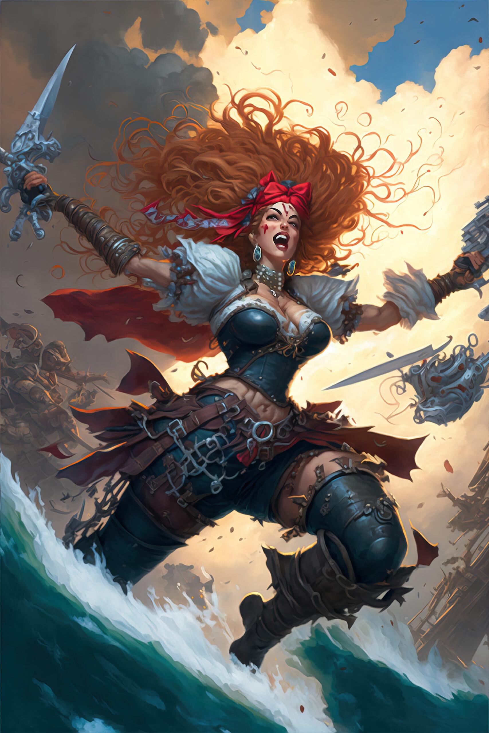 A female pirate, with red hair, weilding a weapons on both hands leaping in the air over a crashing wave.