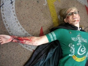 Sectumsempra'd Draco: A lot of people openly stare at this costume in public. My response is usually either "Don't just stand there! Get Madam Pomfrey! I am dying, you stupid Muggle!" or "This is what your beloved savior did to me! Potter deserves the Dementor's Kiss for this!!" 