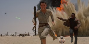 Rey, Finn, and BB8 running for their lives. I hope they're as charming as they seem. 